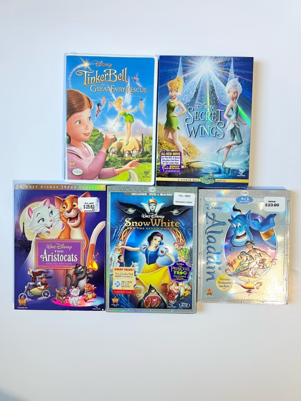 Disney Movie DVD Blu Ray Bundle Of 5 Tinker Bell Aladdin Snow White Aristocrats